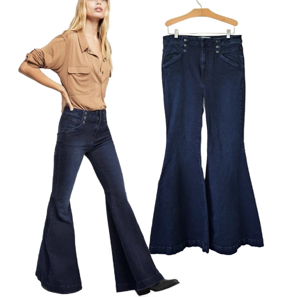 FREE PEOPLE Maddox Super Flare Jeans Size 30 Dark Wash Stretch High Waist